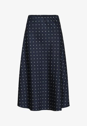 Mörkblå kjol med vita prickar, tillverkad av ett mjukt tyg. A-linjeformad med resårmidja för komfort.
