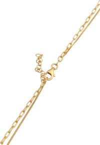 Collana in oro con catena a tonalità dorata e design di maglie miste, dotata di chiusura a granchio e catena di estensione regolabile. Texture liscia.