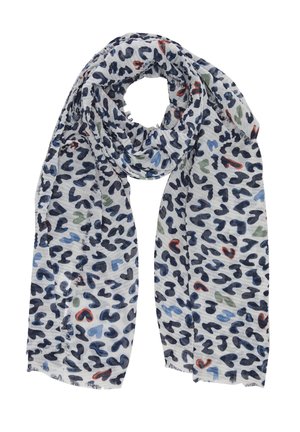 Lichtgewicht witte sjaal met abstract patroon van blauw, zwart, groen en oranje leopardvormige harten, losgerold en gedrapeerd.