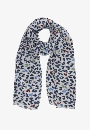 Écharpe blanche légère avec un motif abstrait en forme de cœur léopard bleu, noir, vert et orange, roulée de manière lâche et drapée.