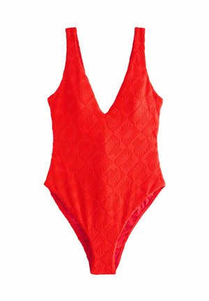 Maillot de bain une pièce rouge avec un décolleté en V profond, motif texturé de formes de coquillage surélevées et une silhouette ajustée. Doublure intérieure lisse.
