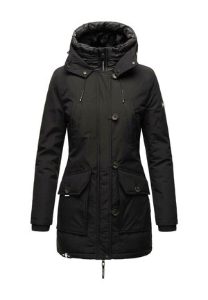 Schwarze isolierte Parka mit hohem Kragen, abnehmbarer Kapuze, vorderem Knopfverschluss, zwei großen Klappentaschen und gerippten Bündchen. Glatte Textur.