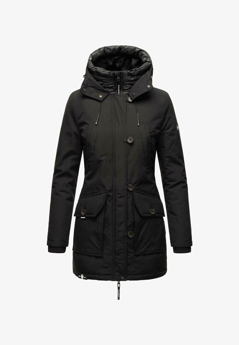 Black insulated parka with a high collar, detachable hood, front button closure, two large flap pockets, and ribbed cuffs. Smooth texture.