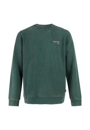 Donkergroene crewneck trui met lange mouwen en een klein "PROTEST SPORTSWEAR" logo in beige op de linkerborst.
