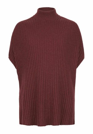 Burgunderfarbener gestreifter Rollkragen-Poncho aus weichem Material. Verfügt über eine lockere Passform und weite Ärmel, mit einem strukturierten vertikalen Muster.