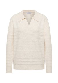Cremfarbener Pullover mit V-Ausschnitt und breitem Kragen. Verfügt über horizontale, strukturierte Streifen sowie gerippte Ärmelbündchen und Saum. Weiches, kuscheliges Material.