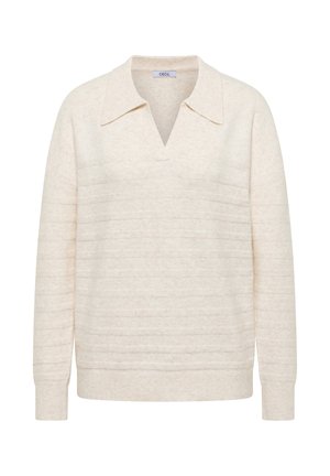Krämfärgad tröja med V-ringning och bred krage. Har horisontella texturerade ränder samt ribbade mudd och nederkant. Mjuk och varm material.