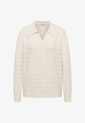 Crème-kleurige trui met een V-hals en brede kraag. Heeft horizontale textuurstrepes en ribbelboorden en -zoom. Zacht, gezellig materiaal.