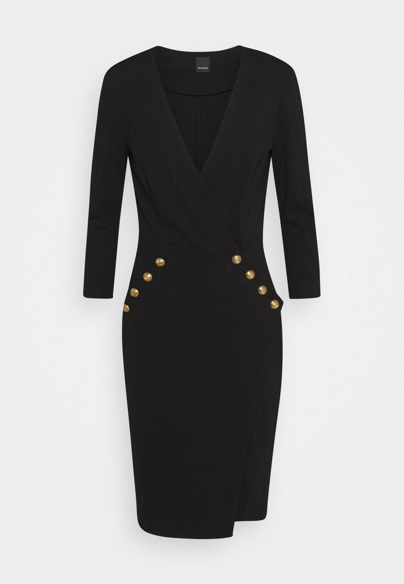 Robe noire portefeuille avec un décolleté en V profond, des manches trois-quarts et des accents de boutons dorés sur le côté. Fait en tissu lisse avec une silhouette ajustée.