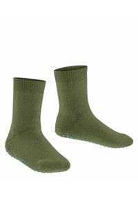 Zielone bawełniane skarpetki z prążkowanymi mankietami, sięgające do kostki i z turkusowymi kropkami na podeszwach dla lepszej przyczepności. Gładka tekstura z wzmocnionymi szwami.