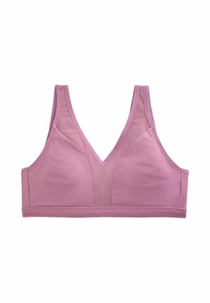 Soft pink wireless bra with wide shoulder straps and V-neck, featuring mesh panels on the front for breathability.