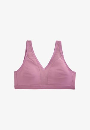 Soft pink wireless bra with wide shoulder straps and V-neck, featuring mesh panels on the front for breathability.