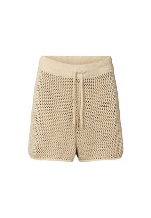 Strickshorts in Hellbeige mit atmungsaktivem Netzmuster. Ausgestattet mit einem elastischen Bund und einem Kordelzug für eine verstellbare Passform.