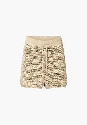 Krótkie spodenki z dzianiny w jasnobeżowym kolorze z przewiewnym wzorem siateczki. Posiadają elastyczny pas z troczkiem do regulacji dopasowania.
