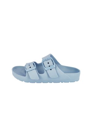 Light blue open-toe slide sandal with two adjustable buckle straps and textured footbed on a white background.