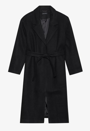 Manteau en laine noir avec un col à revers, des manches longues et une ceinture à nouer à la taille. Présente une coupe droite et une doublure intérieure lisse.