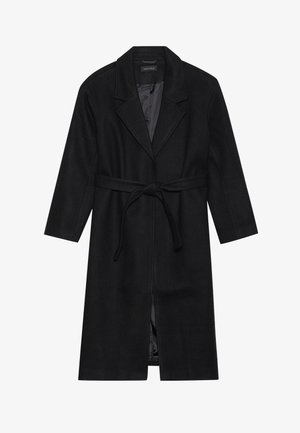 Czarny wełniany płaszcz z klapami, długimi rękawami i paskiem wiązanym w talii. Posiada proste dopasowanie i gładką podszewkę.