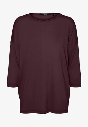 Burgundské tričko s volným střihem, tříčtvrtečními rukávy a širokým kulatým výstřihem. Hladký, lehký materiál bez vzorů nebo akcentů.