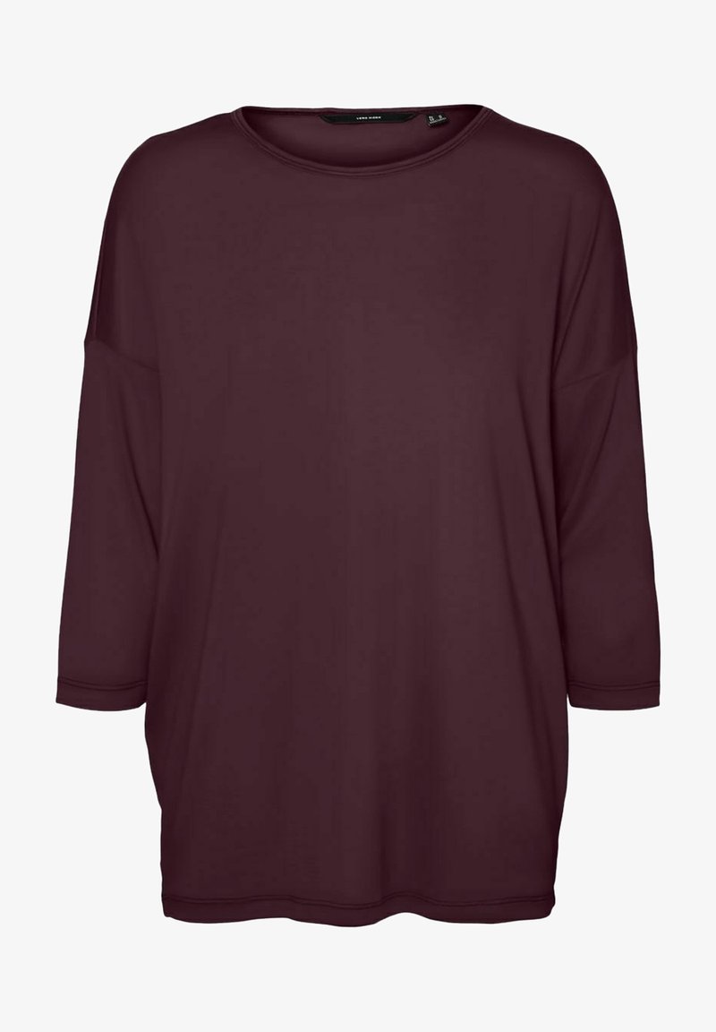 Burgunderfarbendes, lässig geschnittenes T-Shirt mit Dreiviertelärmeln und weitem Rundhalsausschnitt. Glattes, leichtes Material ohne Muster oder Akzente.