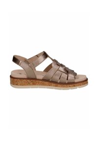Sandali metallici bronzo con upper intrecciato, cinturino regolabile e suola in sughero. Presentano una soletta imbottita e suola bianca con battistrada.
