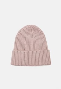 Gorro de malha, na cor rosa pálido, textura canelada, design com dobra, topo arredondado, feito de lã macia. Adequado para tempo frio.