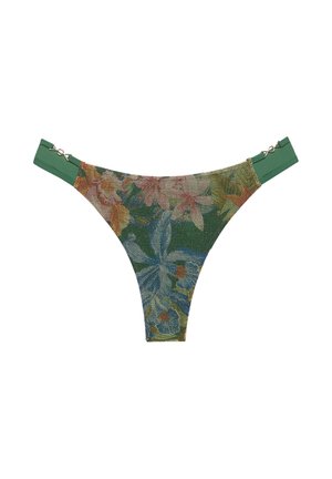 Partea de jos a costumului de baie tip bikini din plasă florală, cu bretele laterale verzi uni și închizători argintii cu cârlig, într-un model multicolor cu tonuri albastre, portocalii și roz.