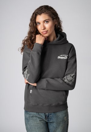 Gray hoodie featuring a kangaroo pocket, ribbed cuffs and hem, and "I BELIEVE IN Happy" text. Accented with patterns on the sleeves.