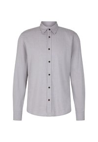Camicia a maniche lunghe, di un grigio chiaro, con bottoni marroni e colletto classico, realizzata in lino. Tessuto liscio, orlo dritto.