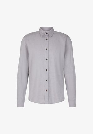 Koszula z długim rękawem, jasnoszara, zapinana na guziki, wykonana z lnu, z brązowymi guzikami i klasycznym kołnierzykiem. Gładka tekstura, prosta linia dołu.