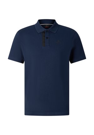 Granatowa koszulka polo z krótkim rękawem, kołnierzykiem, dwoma guzikami i subtelnym logo na lewej piersi.