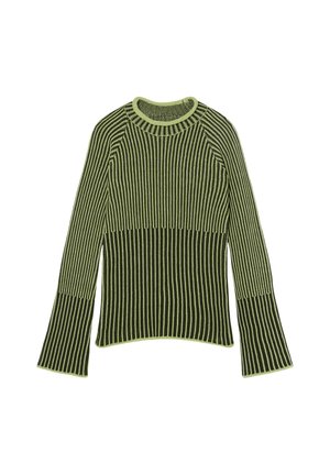 Grün und schwarz gestreifter Pullover mit langen Ärmeln, ribbeliger Textur und rundem Halsausschnitt. Auffälliges Design mit ausgestellten Ärmeln. Weiches Strickmaterial.