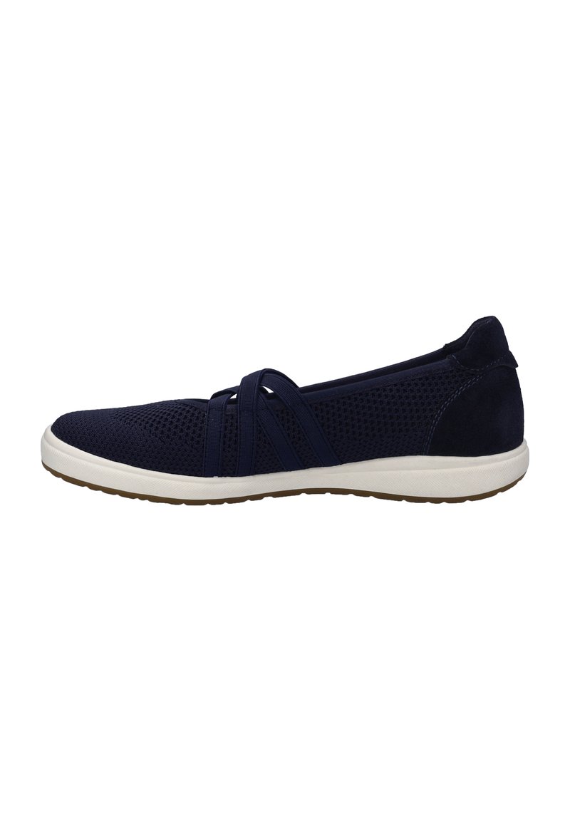 Scarpe slip-on in mesh blu navy con fasce incrociate elastiche, suola bianca imbottita e morbidi dettagli in suede sul tallone, che offrono comfort traspirante.