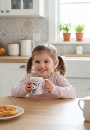 Smiling young girl with pigtails sits at a kitchen table, holding a Hello Kitty mug, with a waffle and pitcher nearby.