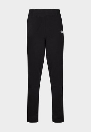 Czarne dopasowane legginsy sportowe z wysokim stanem i małym białym logo The North Face na górnej lewej części uda.