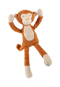 Stuffed monkey toy with an orange body, beige belly, and limbs. Soft, fluffy texture with a simple facial design and raised ears.