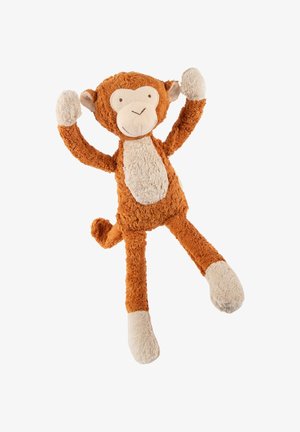 Giocattolo di scimmia imbottito con corpo arancione, pancia beige e arti. Tessuto morbido e peloso con un design facciale semplice e orecchie protuberanti.