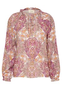 Blouse à manches longues avec un motif paisley multicolore, des poignets élastiques, un col froncé et un tissu doux dans des teintes de rose, orange et crème.