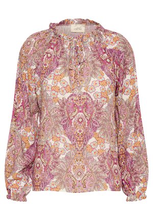 Blusa a maniche lunghe con un motivo paisley multicolore, accompagnata da polsini elasticizzati, scollatura arricciata e tessuto morbido nelle tonalità di rosa, arancione e crema.