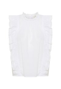 Hvid kortærmet top med ruffles, plisserede detaljer og høj halsudskæring. Har dekorativ blondekant ved skuldre og sider.