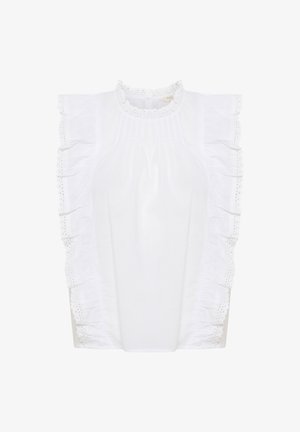 White short-sleeve top with ruffle accents, pleated detailing, and a high neckline. Features decorative lace trim at shoulders and sides.