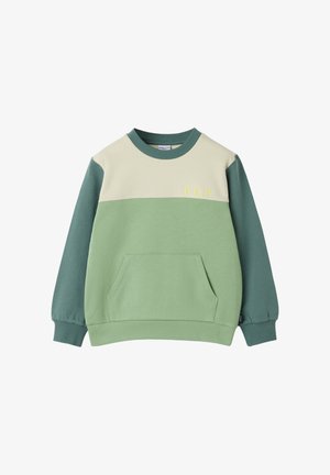 Grøn og cremefarvet sweatshirt med løs pasform, der har en frontlomme, ribkanter ved ærmerne og broderet "P.O.P" detalje i gul.