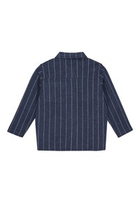 Marineblauwe wollen jas met witte verticale streepjes, lange mouwen en een omgeslagen kraag, weergegeven vanaf de achterkant op een witte achtergrond.
