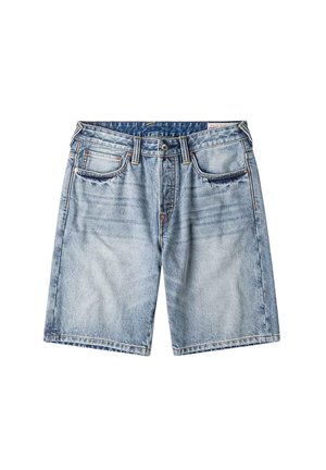 Pantaloncini in denim azzurro chiaro con tasche frontali, passanti per cintura, chiusura con bottone e cerniera e sottili dettagli sbiaditi sul tessuto.