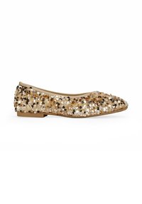 Zapatos de ballet planos con punta redonda, cubiertos de lentejuelas doradas y negras. Material suave y un tacón bajo para mayor comodidad.