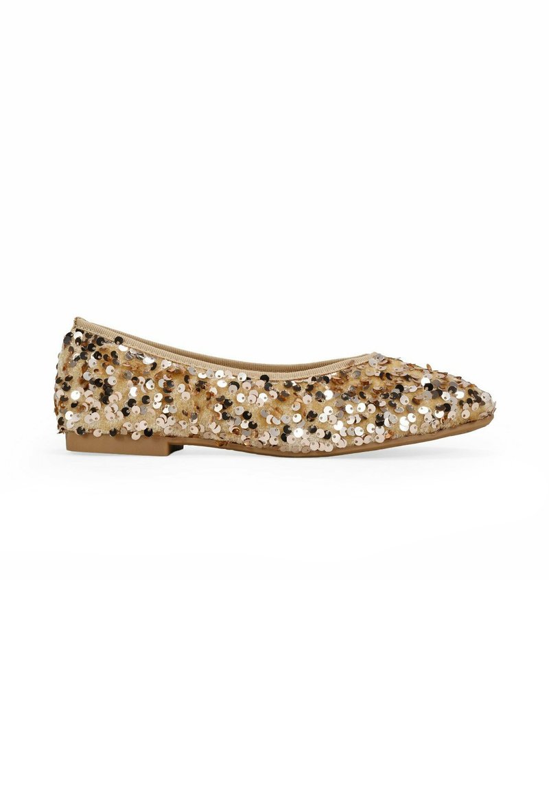 Zapatos de ballet planos con punta redonda, cubiertos de lentejuelas doradas y negras. Material suave y un tacón bajo para mayor comodidad.