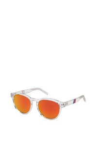 Occhiali da sole con montatura trasparente e lenti specchiate arancioni, forma rotonda e decorazioni a strisce rosse e blu sulle astine.
