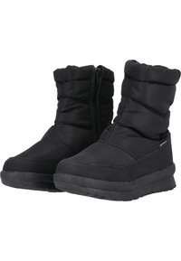 Svarta isolerade stövlar med en quiltad design, dragkedjeslutning och texturerade gummisulor. Mjukt tygövre med vaddering för värme.