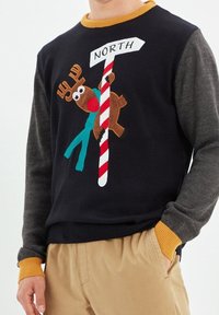 Dunkelblauer Pullover mit grauen Ärmeln, verziert mit einer Rentier-Applikation, die ein gestreiftes Schild mit der Aufschrift "NORD" hält. Akzente in Gelb am Kragen und an den Bündchen.