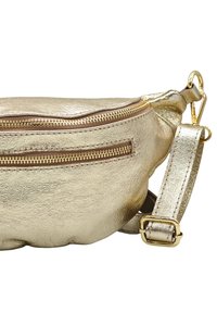 Banane en cuir métallique doré avec une forme arrondie, deux sections zippées et une bandoulière détachable. Le matériel présente des accents dorés.