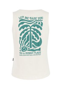 Top crema senza maniche con grafica astratta di pianta verde, faccina sorridente e testo "Lasciami portarti in un posto soleggiato dove tutti hanno un volto sorridente."